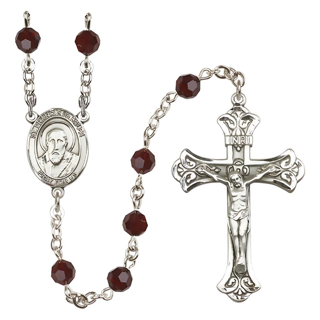 Bliss St. Francis de Sales Rosary with 6mm Garnet Austrian Crystal Beads and Sterling Silver in gift box,