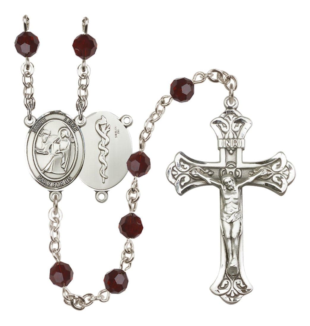 Bliss Doctor St Luke Sterling Silver Crystal Flared Crucifix Rosary in Garnet,