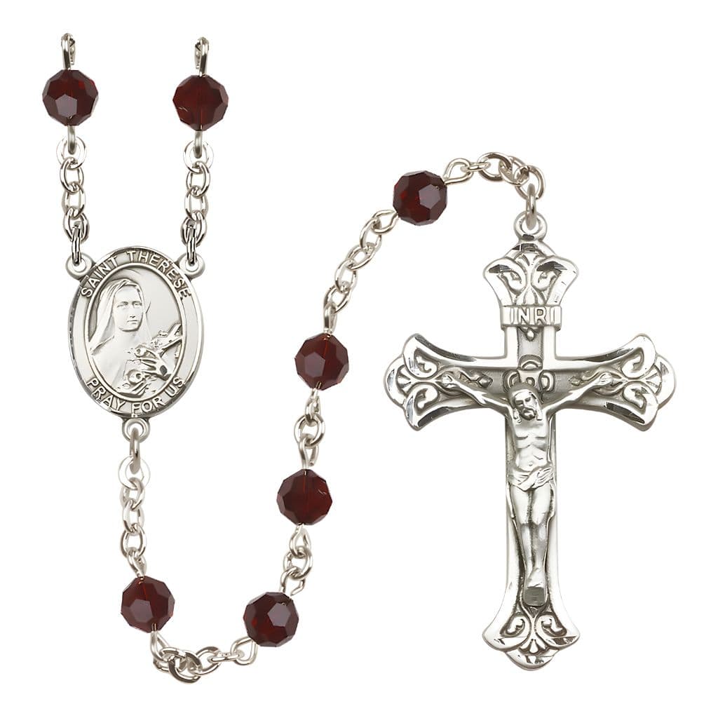 Bliss St. Therese of Lisieux Engravable Rosary with Sterling Silver Centerpiece and Scroll Design Crucifix, January Birthstone 6mm Garnet Austrian Crystal Beads
