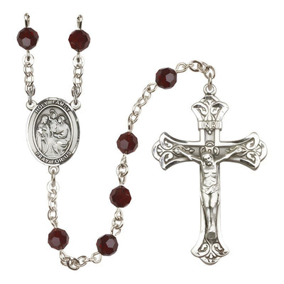 Holy Family Engravable Rosary with Sterling Silver Crucifix and Centerpiece, Birthstone 6mm Austrian Crystal Garnet Beads for January, Bliss Manufacturing