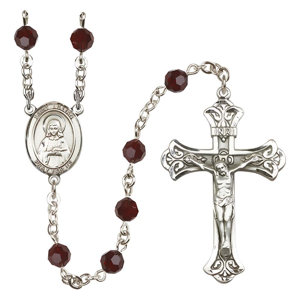 Bliss Lillian Rosary with 6mm Garnet Austrian Crystal Beads and Sterling Silver,