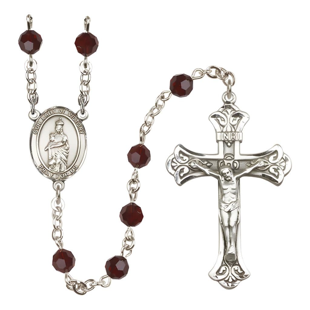 Bliss Our Lady of Victory Sterling Silver January Birthstone Garnet 6mm Austrian Crystal Rosary