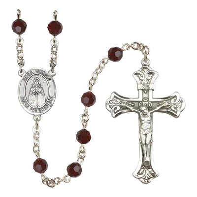 Spanish Rosa Mystica Rosary with Sterling Silver Scroll Crucifix and Centerpiece, Birthstone 6mm Austrian Crystal Garnet Beads for January