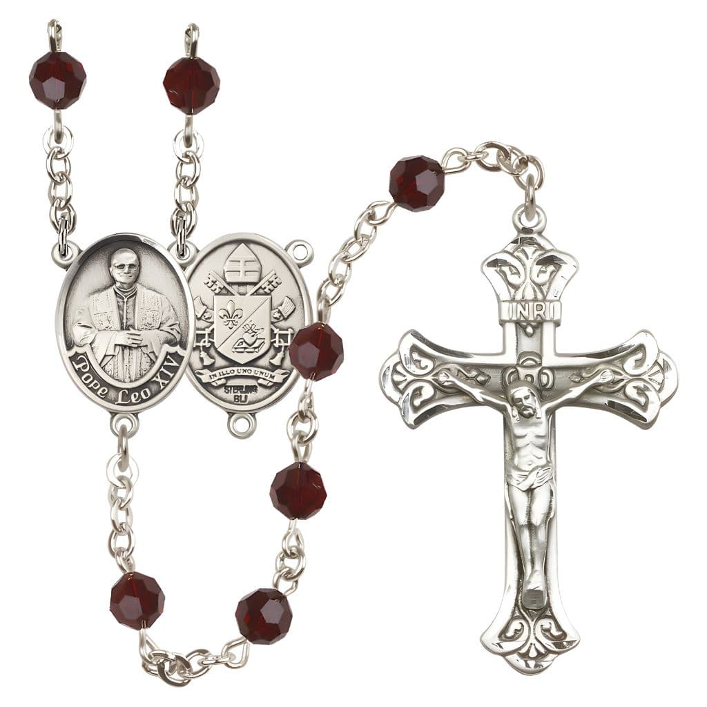 Bliss Pope Leo XIV Engravable Rosary with Sterling Silver Scallop Edge Crucifix and Centerpiece, Birthstone 6mm Austrian Crystal Garnet Beads for January