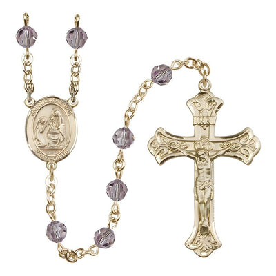 St. Catherine of Siena Engravable Rosary with Gold-filled Crucifix and Centerpiece, Birthstone 6mm Austrian Crystal Light Amethyst Beads for June, Bliss Manufacturing