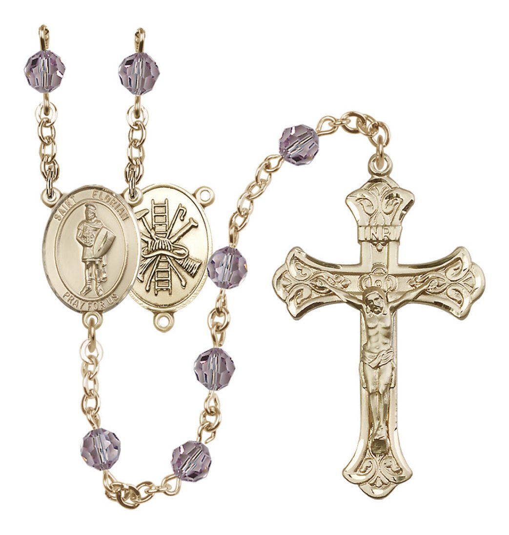 Bliss St Florian Firefighter Gold-filled Crystal Flared Crucifix Rosary in Light Amethyst June Birthstone,