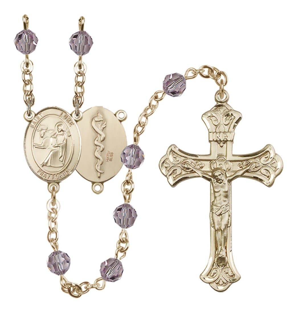 Bliss Doctor St Luke Gold-filled Crystal Flared Crucifix Rosary in Light Amethyst,