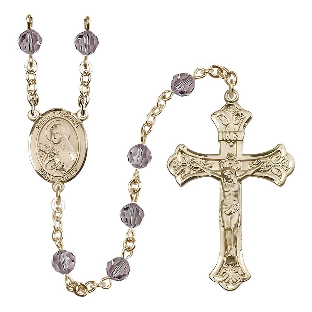 Bliss St. Theresa Light Amethyst 6mm Austrian Crystal June Birthstone Gold-filled Rosary with 14kt Gold-filled Centerpiece and Scroll Design Crucifix