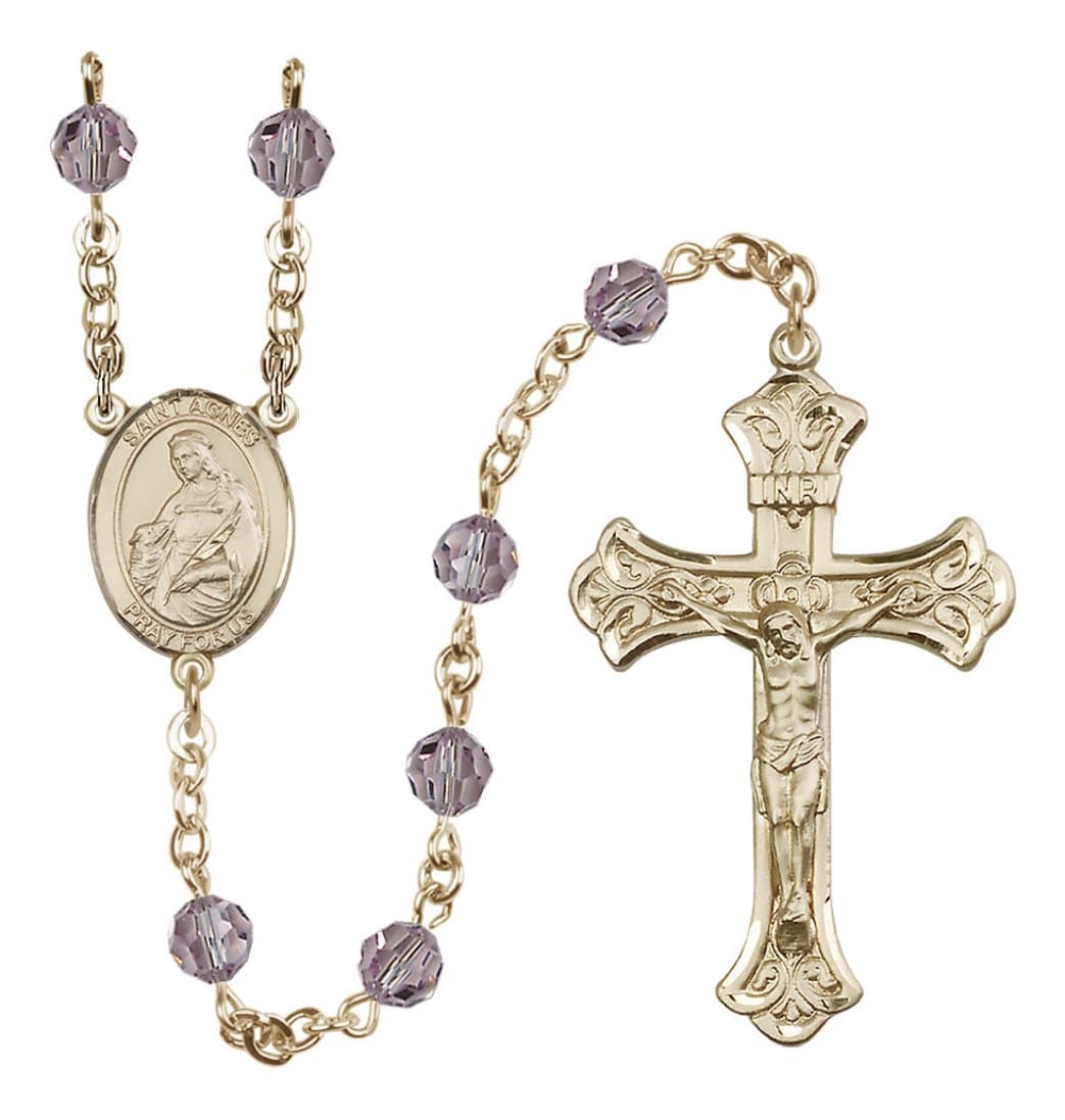 Bliss 14kt Gold 6mm Austrian Crystal Saint Agnes of Rome Rosary in Light Amethyst,