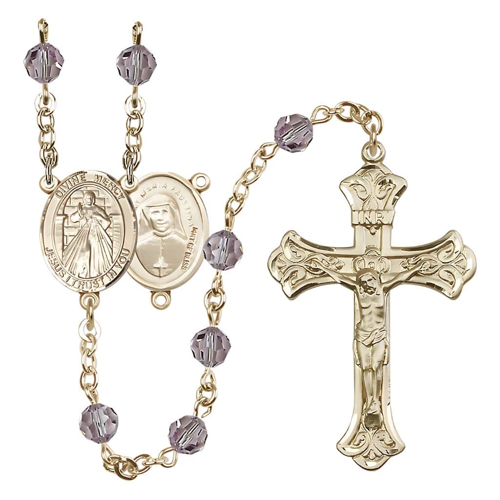 Bliss Jesus Divine Mercy Engravable Rosary with Gold-filled Scroll Design Crucifix and Centerpiece, Birthstone 6mm Austrian Crystal Light Amethyst Beads for June