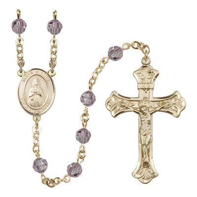 Rosa Mystica Rosary with Gold-filled Scroll Crucifix and Centerpiece, Birthstone 6mm Austrian Crystal Light Amethyst Beads for June