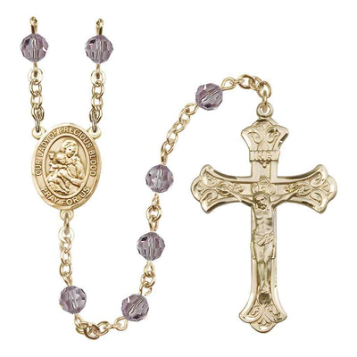 Our Lady of the Precious Blood Rosary with Gold-filled Scroll Crucifix and Centerpiece, Birthstone 6mm Austrian Crystal Light Amethyst Beads for June