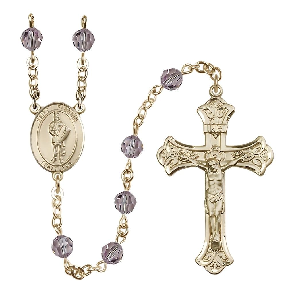 Bliss St. Florian 14kt Gold Scalloped Tip Crucifix Crystal Rosary with Light Amethyst Beads,