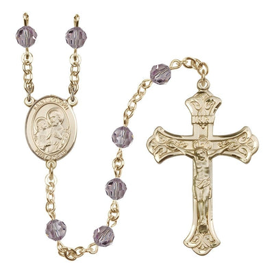 St. Joseph Rosary with 14kt Gold Scroll Crucifix and Centerpiece, Birthstone 6mm Austrian Crystal Light Amethyst Beads for June
