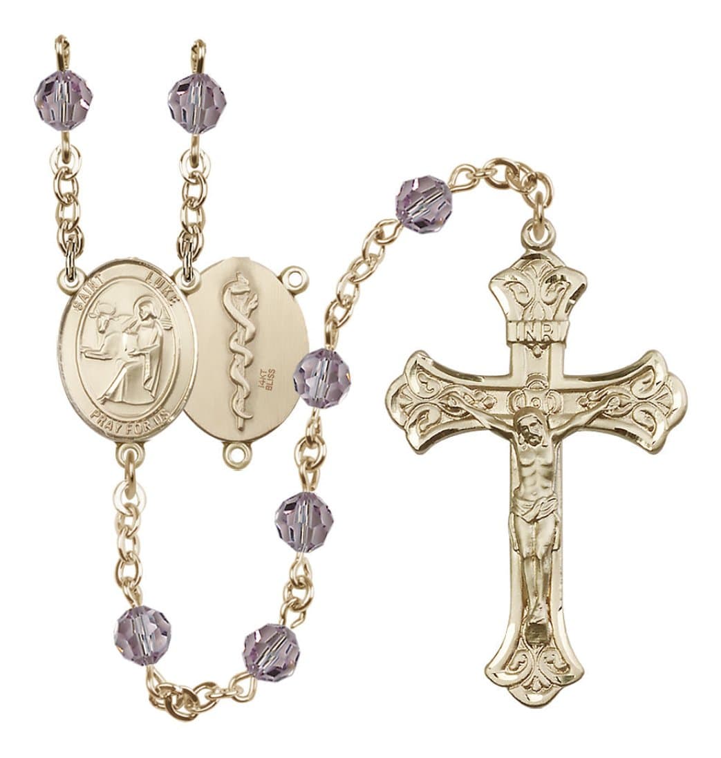 Bliss Doctor St Luke 14kt Gold Flared Tip Crucifix Crystal Rosary in Light Amethyst/June,