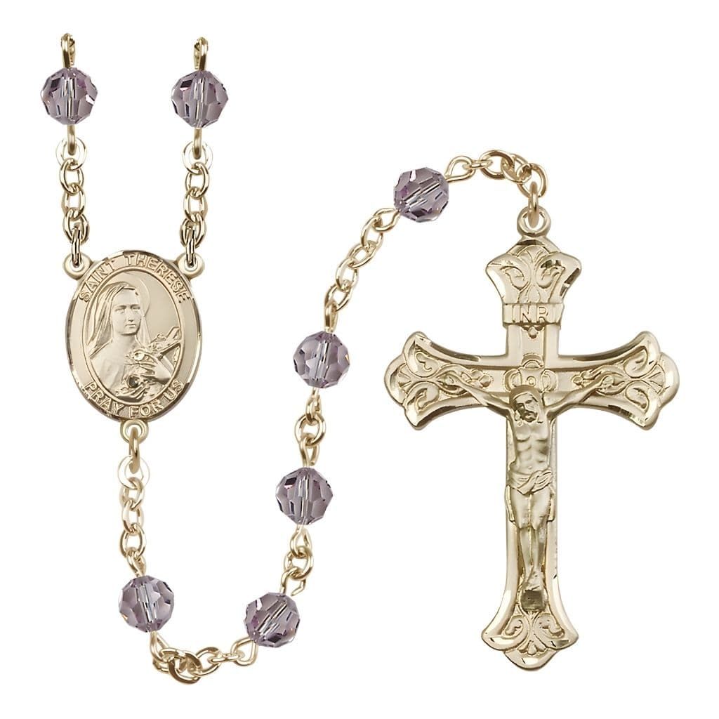Bliss St. Therese of Lisieux 6mm Light Amethyst Austrian Crystal Birthstone 14kt Gold Rosary with Scroll Design Crucifix