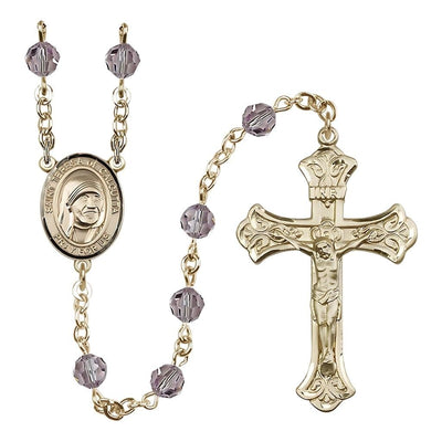 St. Teresa of Calcutta Crystal 14kt Gold Rosary with 6mm Light Amethyst Austrian crystal beads, Bliss Manufacturing