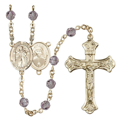 Jesus Divine Mercy Engravable Rosary with 14kt Gold Scroll Crucifix and Centerpiece, Birthstone 6mm Austrian Crystal Light Amethyst Beads for June, Bliss Manufacturing