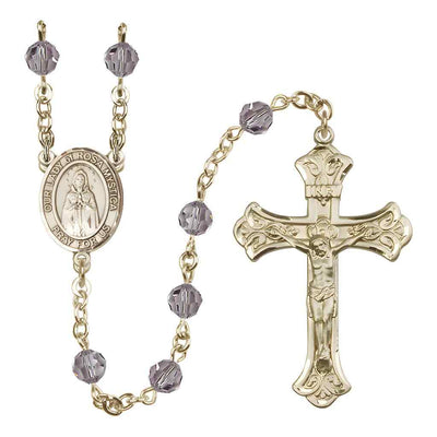 Our Lady of Rosa Mystica Rosary with 14kt Gold Scroll Crucifix and Centerpiece, Birthstone 6mm Austrian Crystal Light Amethyst Beads for June