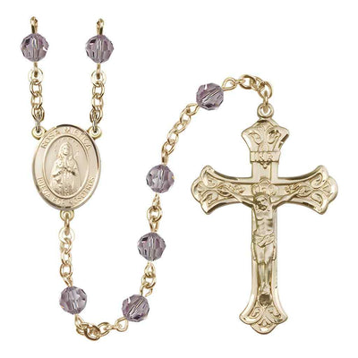Rosa Mystica Rosary with 14kt Gold Scroll Crucifix and Centerpiece, Birthstone 6mm Austrian Crystal Light Amethyst Beads for June | Bliss Manufacturing