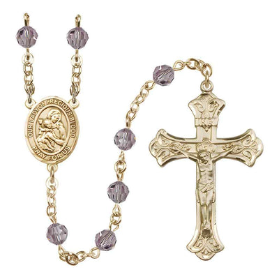 Our Lady of the Precious Blood Rosary with 14kt Gold Scroll Crucifix and Centerpiece, Birthstone 6mm Austrian Crystal Light Amethyst Beads for June