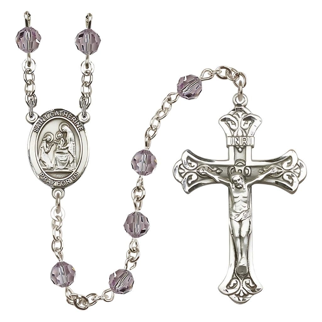 Bliss St. Catherine of Siena Engravable Rosary with Sterling Silver Crucifix and Centerpiece, Birthstone 6mm Austrian Crystal Light Amethyst Beads for June