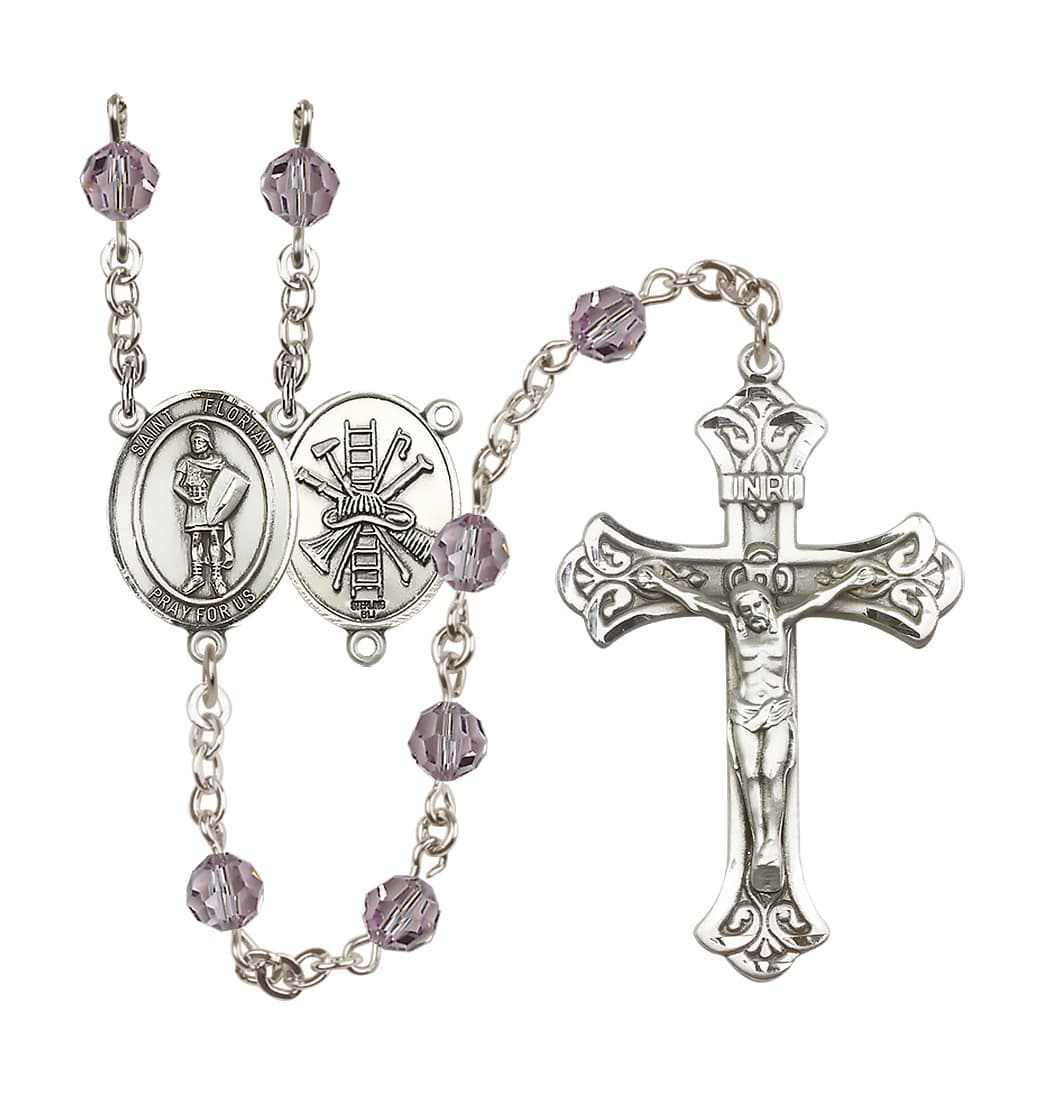 June Light Amethyst Bliss Manufacturing St Florian Firefighter Sterling Silver Crystal Flared Crucifix Birthstone Rosary,