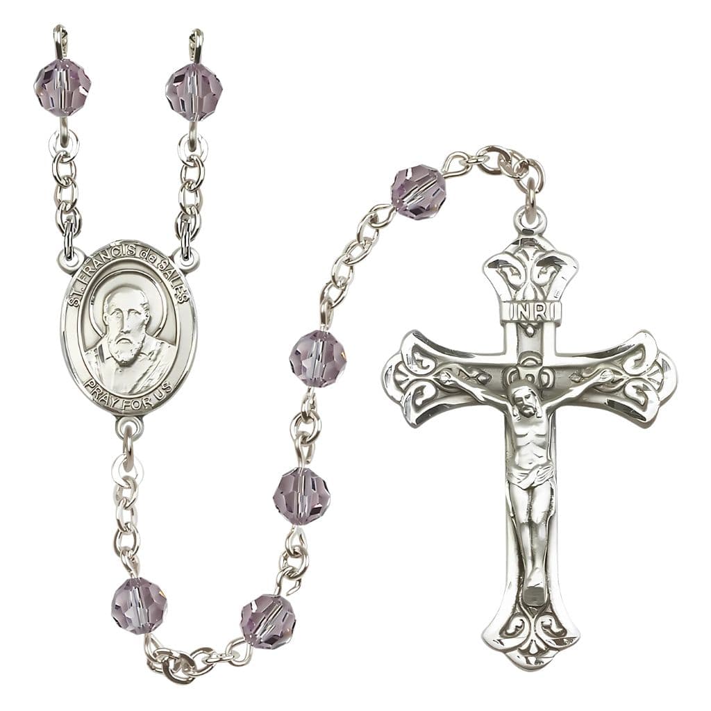 Bliss St. Francis de Sales Rosary with 6mm Light Amethyst Austrian Crystal Beads and Sterling Silver in gift box,