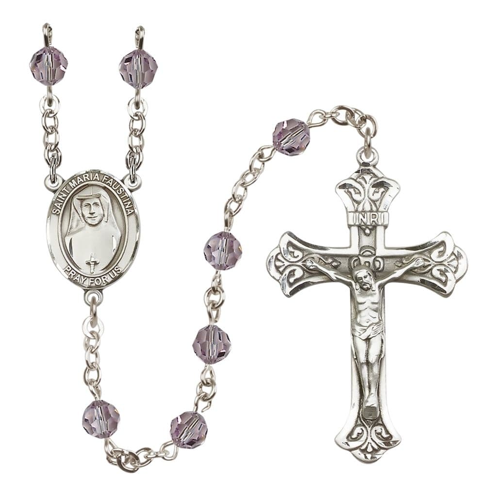 Bliss St. Maria Faustina 6mm Austrian Crystal Birthstone Sterling Silver Rosary in Light Amethyst,