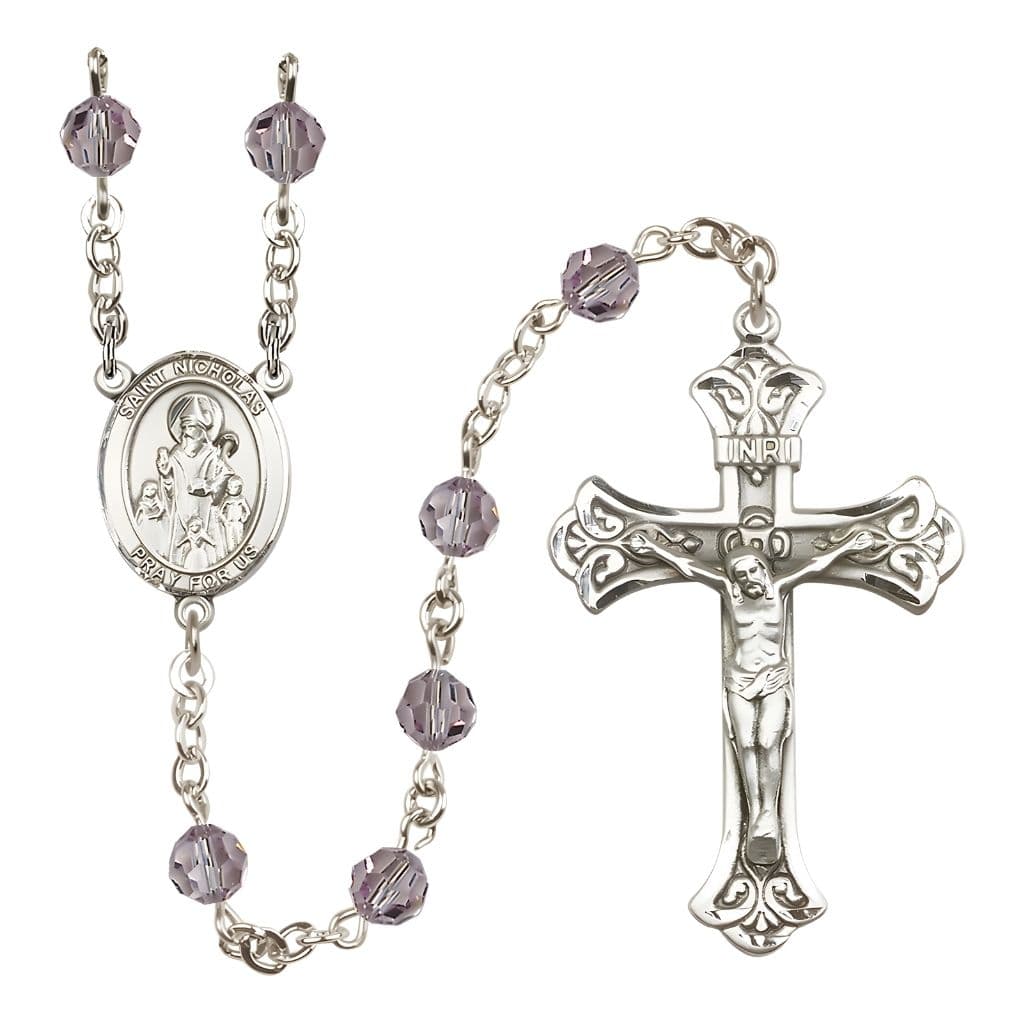 Bliss St. Nicholas Engravable Rosary with Sterling Silver Centerpiece and Scroll Design Crucifix, June Birthstone 6mm Light Amethyst Austrian Crystal Beads