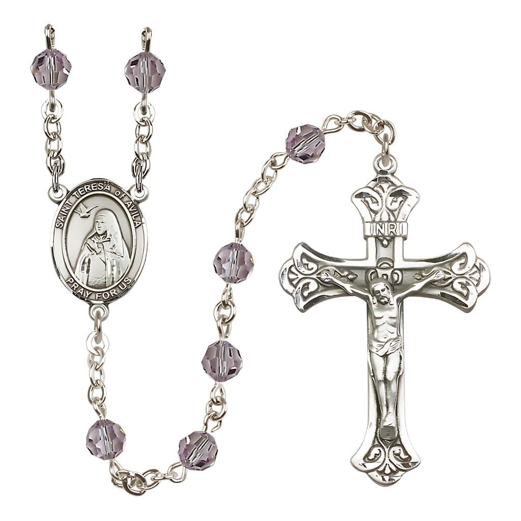 Bliss St. Teresa of Avila 6mm Light Amethyst Austrian Crystal Birthstone Sterling Silver Rosary