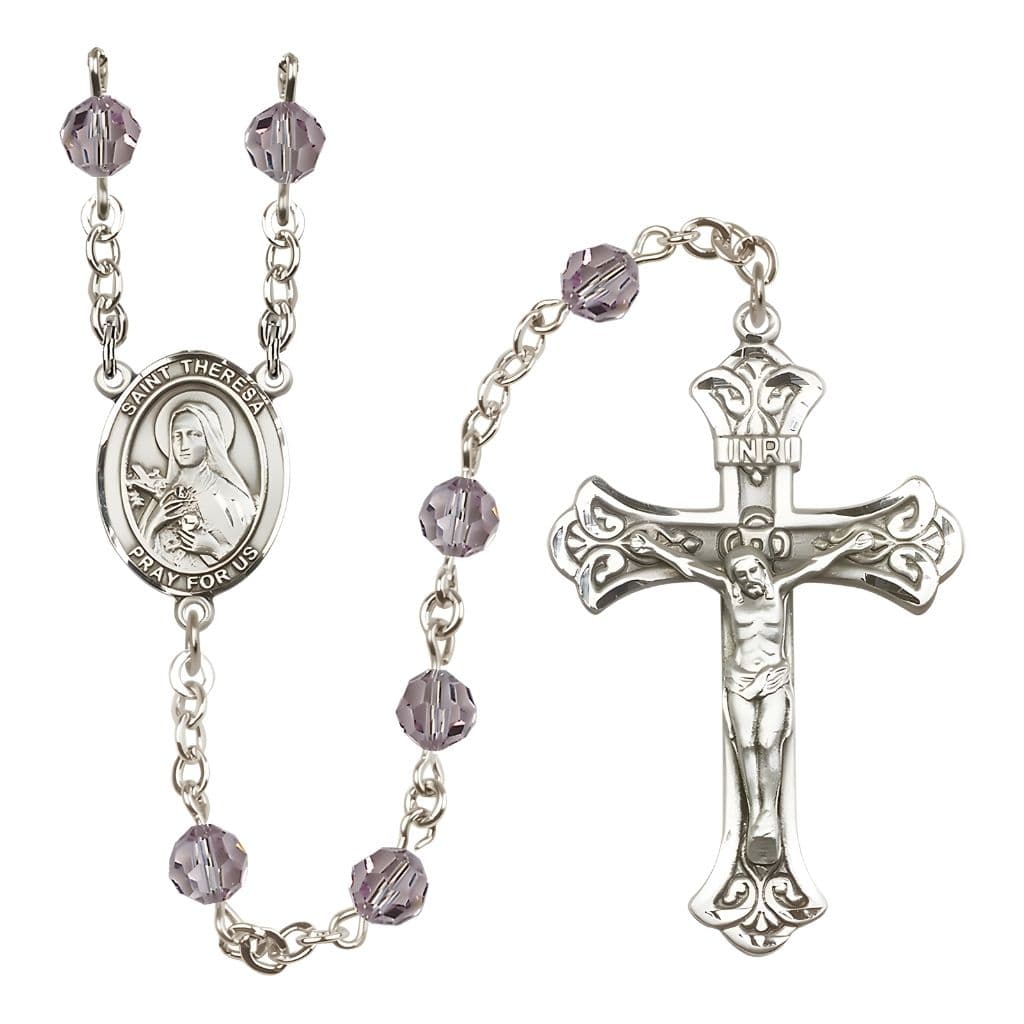 Bliss St. Theresa Light Amethyst 6mm Austrian Crystal June Birthstone Sterling Silver Rosary with Sterling Centerpiece and Scroll Design Crucifix