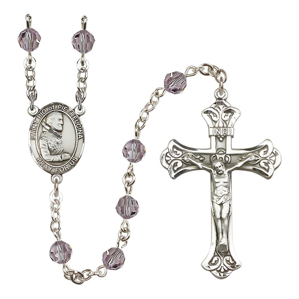 Bliss St. Padre Pio of Pietrelcina 6mm Austrian Crystal Birthstone Sterling Silver Rosary in Light Amethyst
