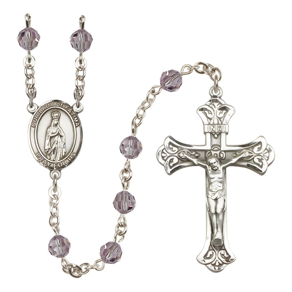 Bliss Our Lady of Fatima Engravable Rosary with Sterling Silver Crucifix and Centerpiece, Birthstone 6mm Austrian Crystal Light Amethyst Beads for June