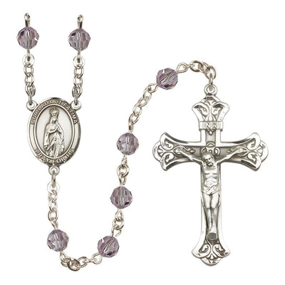 Our Lady of Fatima Engravable Rosary with Sterling Silver Crucifix and Centerpiece, Birthstone 6mm Austrian Crystal Light Amethyst Beads for June, Bliss Manufacturing