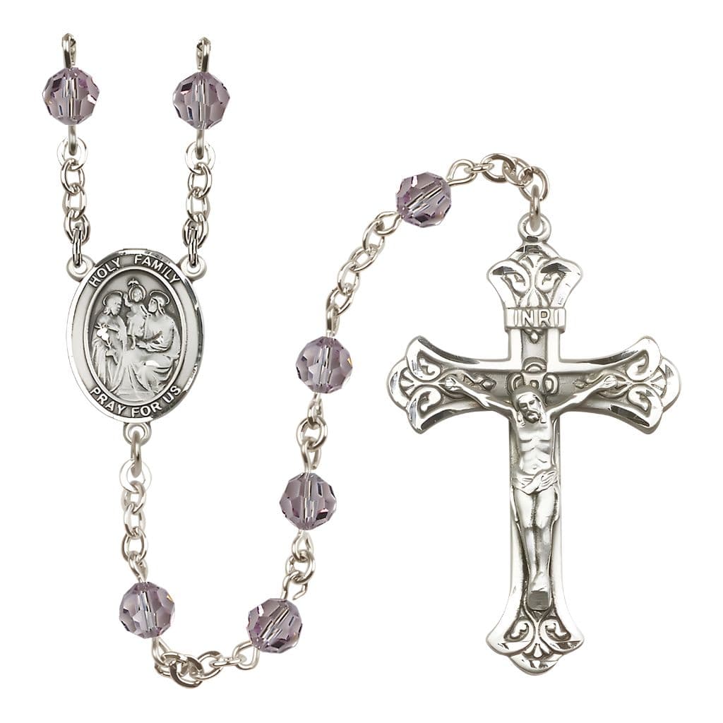 Bliss Holy Family Engravable Rosary with Sterling Silver Crucifix and Centerpiece, Birthstone 6mm Austrian Crystal Light Amethyst Beads for June