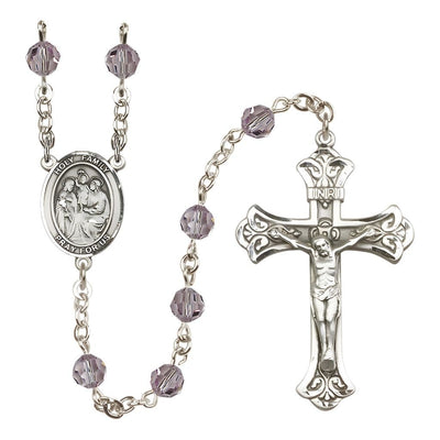 Holy Family Engravable Rosary with Sterling Silver Crucifix and Centerpiece, Birthstone 6mm Austrian Crystal Light Amethyst Beads for June, Bliss Manufacturing