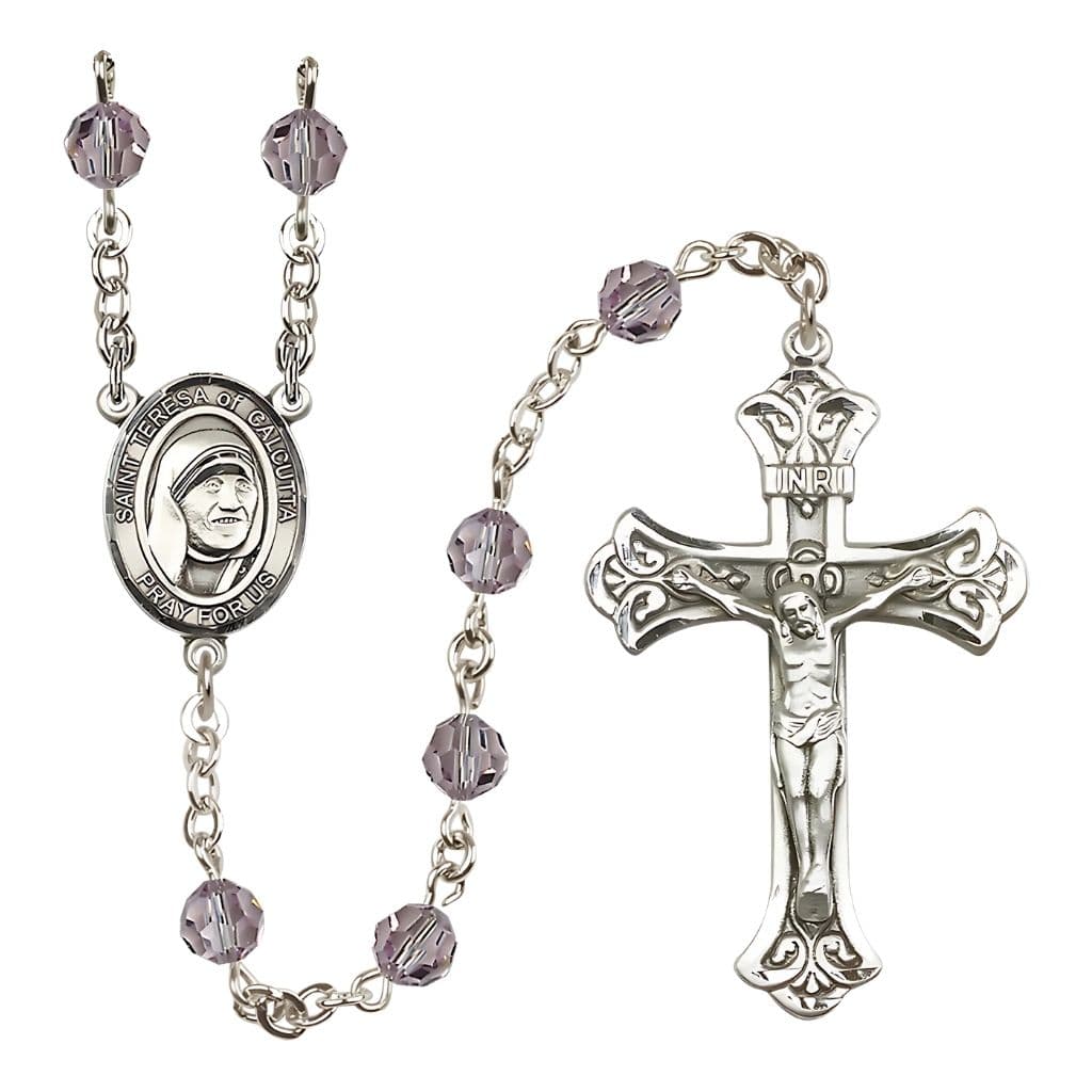 Bliss St. Teresa of Calcutta Sterling Silver Engraving Rosary, Birthstone Light Amethyst 6mm Austrian Crystal Beads