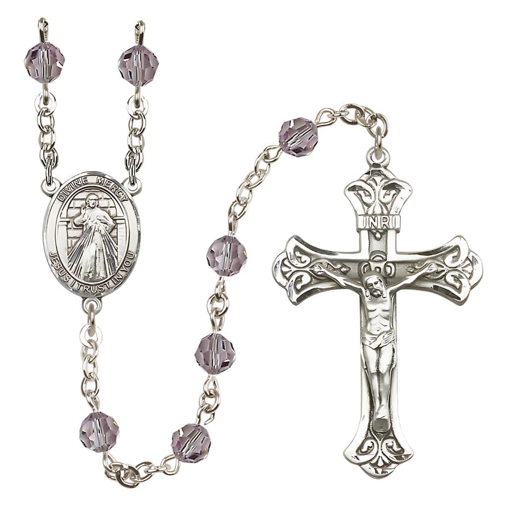 Bliss Jesus Divine Mercy Engravable Rosary with Sterling Silver Scroll Crucifix and Centerpiece, Birthstone 6mm Austrian Crystal Light Amethyst Beads for June