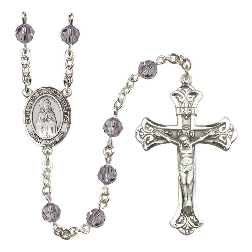 Our Lady of Rosa Mystica Rosary with Sterling Silver Scroll Crucifix and Centerpiece, Birthstone 6mm Austrian Crystal Light Amethyst Beads for June