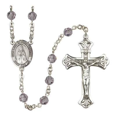 Our Lady of Rosa Mystica Rosary with Sterling Silver Scroll Crucifix and Centerpiece, Birthstone 6mm Austrian Crystal Light Amethyst Beads for June