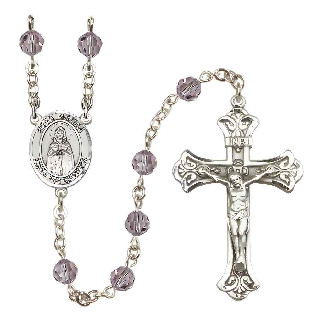 Spanish Rosa Mystica Rosary with Sterling Silver Scroll Crucifix and Centerpiece, Birthstone 6mm Austrian Crystal Light Amethyst Beads for June