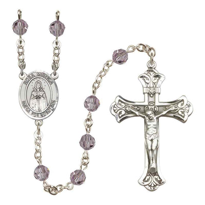 Spanish Rosa Mystica Rosary with Sterling Silver Scroll Crucifix and Centerpiece, Birthstone 6mm Austrian Crystal Light Amethyst Beads for June