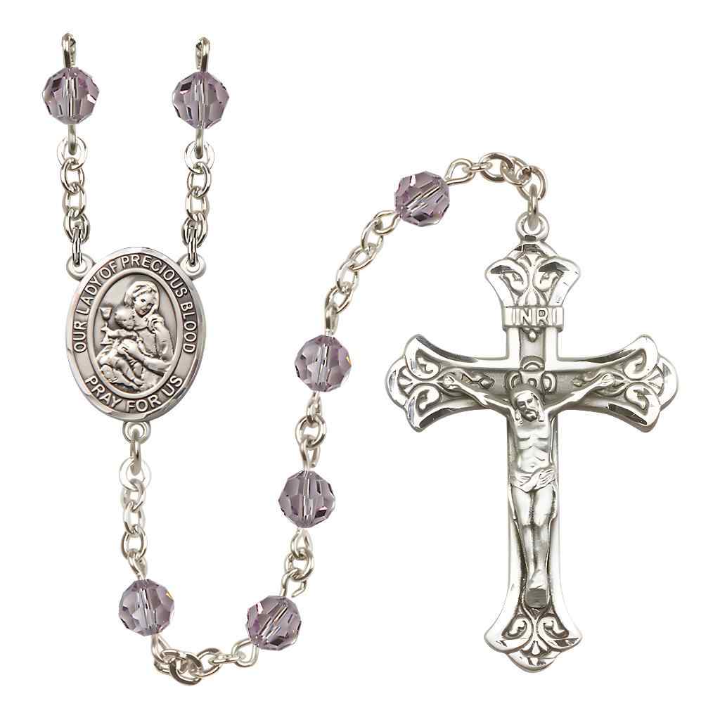 Our Lady of the Precious Blood Rosary with Sterling Silver Scroll Crucifix and Centerpiece, Birthstone 6mm Austrian Crystal Light Amethyst Beads for June
