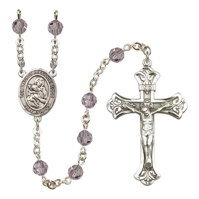 Our Lady of the Precious Blood Rosary with Sterling Silver Scroll Crucifix and Centerpiece, Birthstone 6mm Austrian Crystal Light Amethyst Beads for June