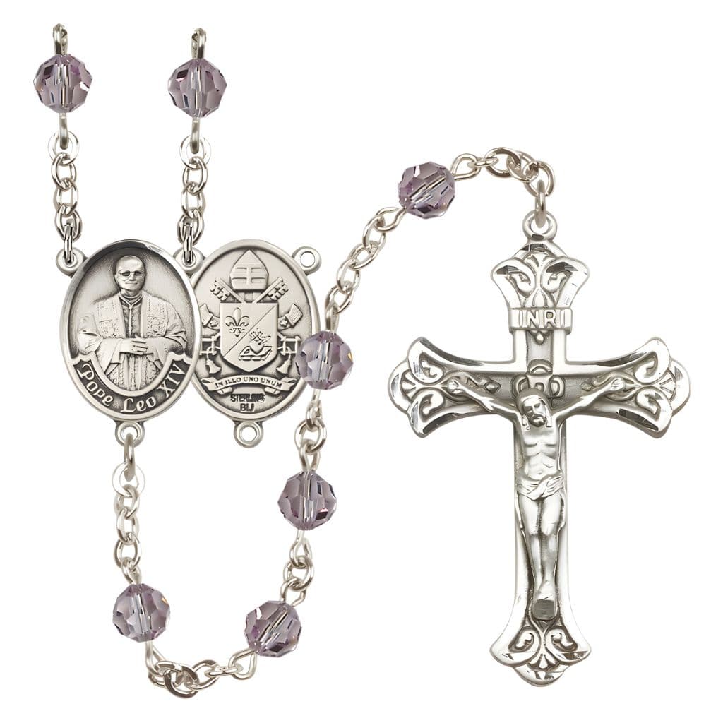 Bliss Pope Leo XIV Engravable Rosary with Sterling Silver Scallop Edge Crucifix and Centerpiece, Birthstone 6mm Austrian Crystal Light Amethyst Beads for June