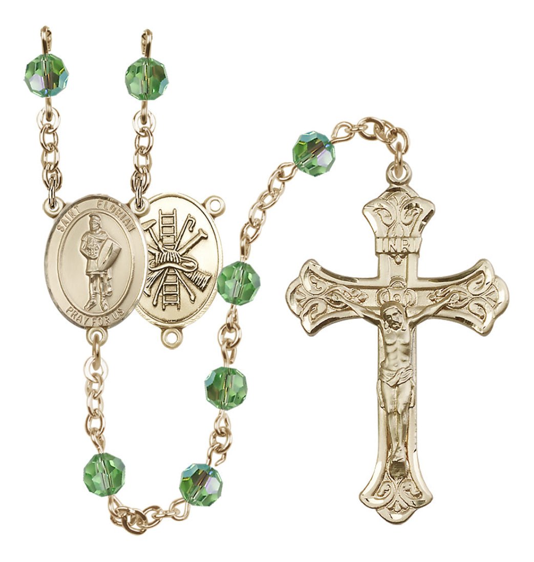 Bliss St Florian Firefighter Gold-filled Crystal Flared Crucifix Rosary in Peridot August Birthstone,