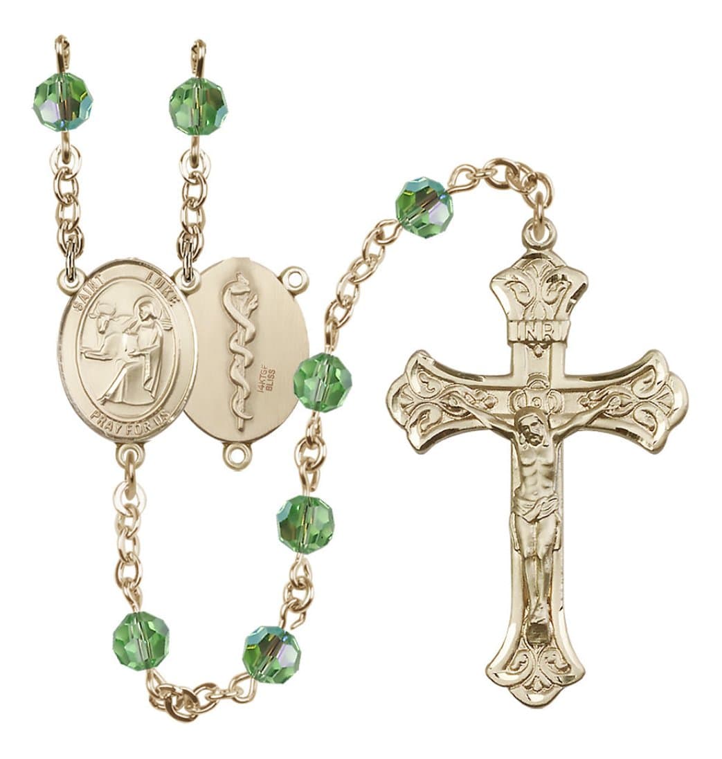 Bliss Doctor St Luke Gold-filled Crystal Flared Crucifix Rosary in Peridot,