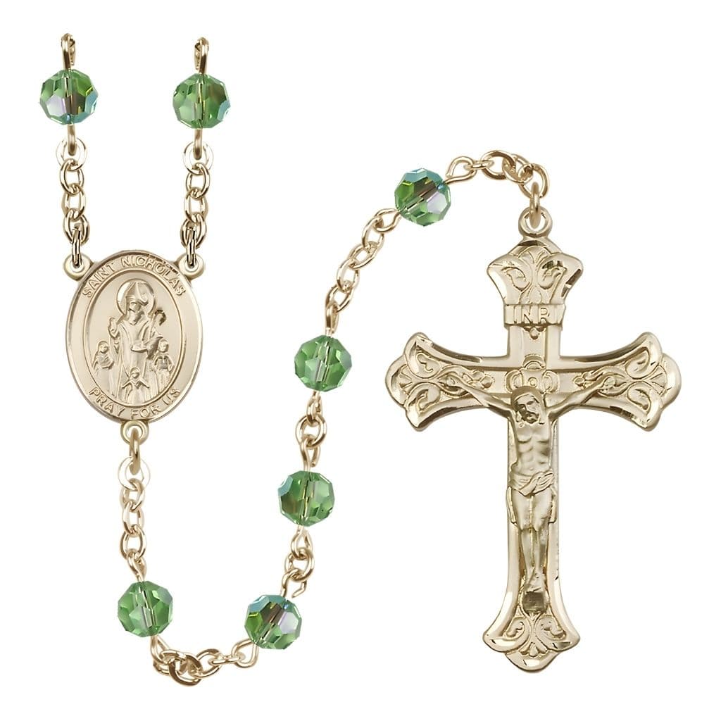 Bliss St. Nicholas Engravable Rosary with 14kt Gold-filled Centerpiece and Scroll Design Crucifix, August Birthstone 6mm Peridot Austrian Crystal Beads