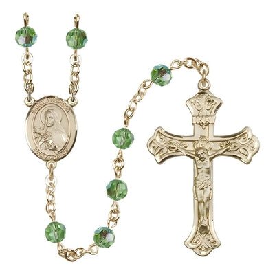 St. Theresa Peridot 6mm Austrian Crystal August Birthstone Gold-filled Rosary with 14kt Gold-filled Centerpiece and Scroll Design Crucifix, Bliss Manufacturing